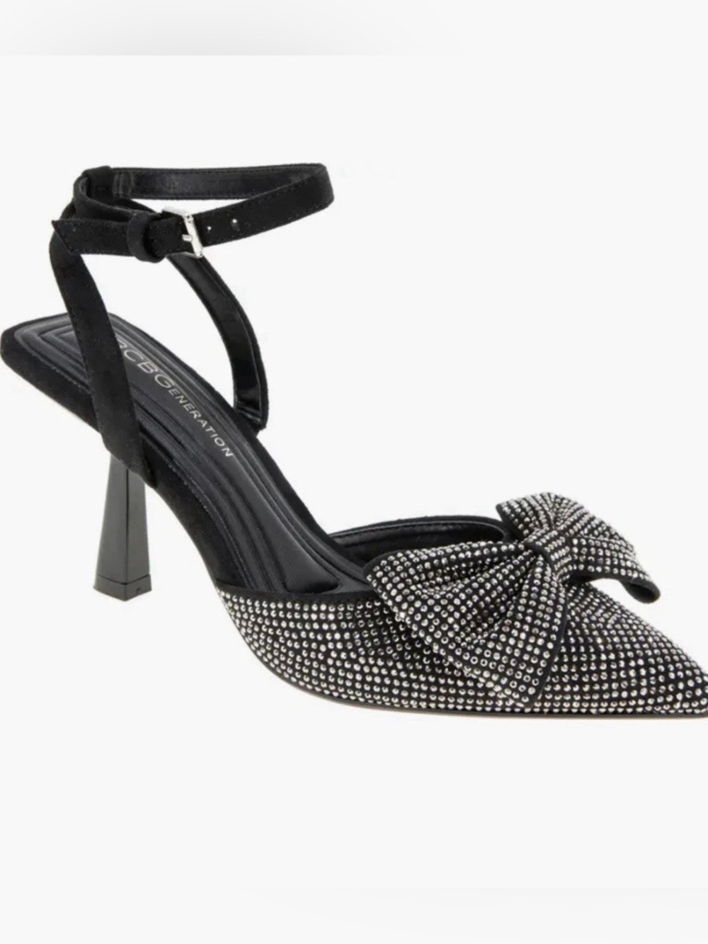 BCBGeneration Idalia Pointed Toe in Black Spar Crystal Bow Ankle-Strap Heels 7